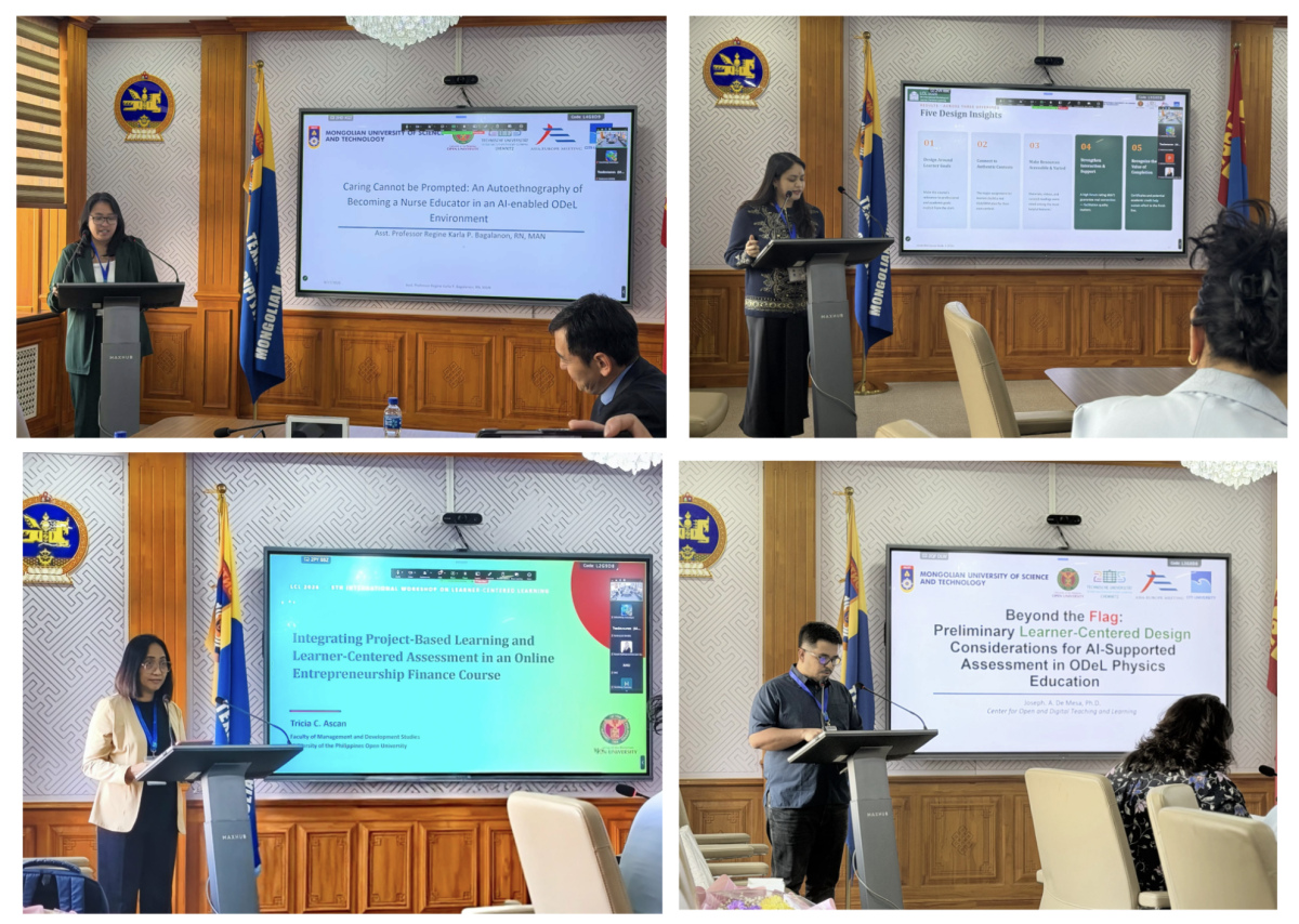 UPOU faculty and researcher present their studies on learner-centered learning and emerging approaches in ODeL. Clockwise from upper left: Asst. Prof. Regine Karla Bagalanon, Ms. Dona Lyn Piamonte, Asst. Prof. Joseph De Mesa, and Asst. Prof. Tricia Ascan.